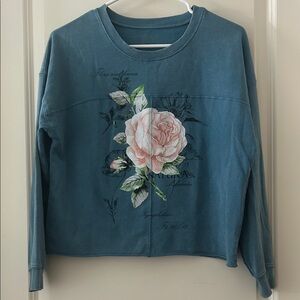Rebellious One Floral Graphic Blue cropped Boxy Sweatshirt raw rolled hem XS